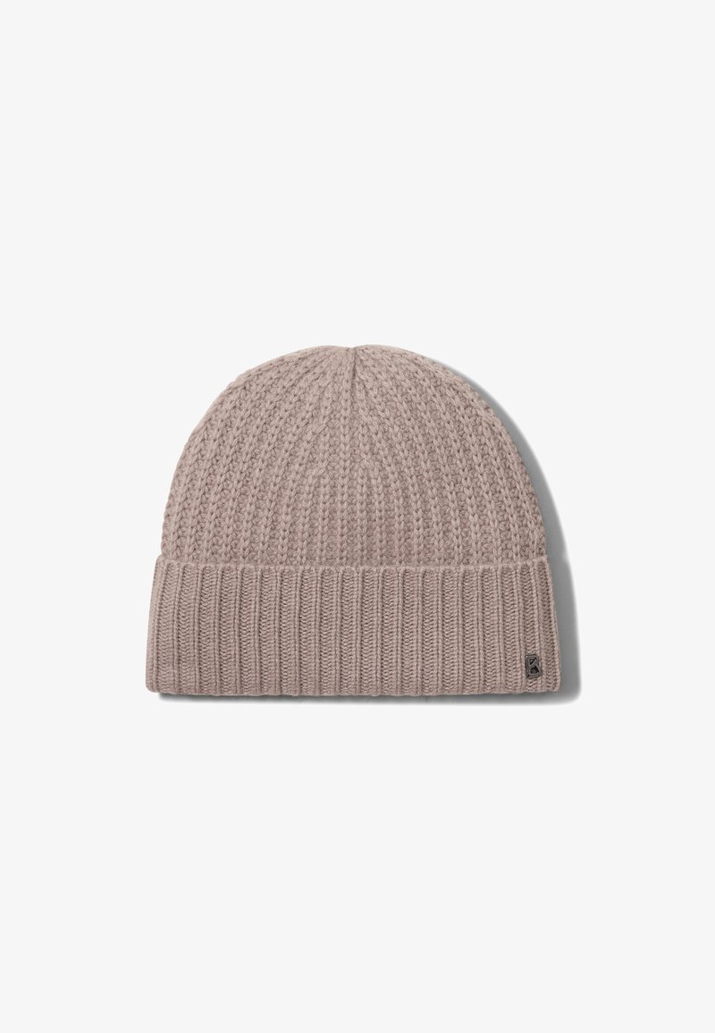 Strickmütze in Hellbeige mit einem strukturierten Muster, ausgestattet mit einem gerippten Saum und einem kleinen Logoschild an der Seite. Weiches, warmes Material.