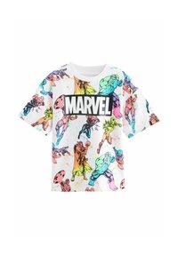 Witte T-shirt met korte mouwen en kleurrijke Marvel-superheldenafbeeldingen. Heeft een zwart 'MARVEL'-logo in het midden en een ronde halslijn.