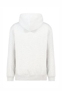 Grijze hoodie gemaakt van zachte stof. Heeft lange mouwen, geribbelde manchetten en zoom. Effen achterkant zonder zichtbare logo's of patronen.