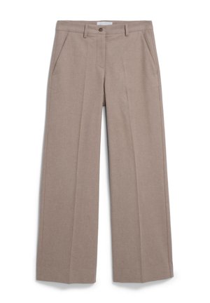 Pantaloni beige a gamba larga con piega frontale, tasche laterali, passanti per cintura e chiusura con bottone in vita.