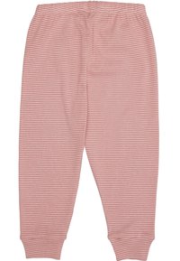 Lichtroze joggerbroeken met witte strepen, elastische tailleband en omgeslagen enkels. Gemaakt van zachte, rekbare stof voor comfort.