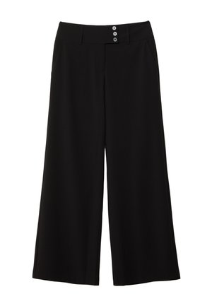 Pantalons larges noirs avec une taille plate, ornés de deux boutons à l'avant et de poches latérales pour plus de fonctionnalité. Texture lisse.