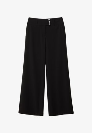 Black wide-leg trousers with a flat waistband, featuring two button accents at the front and side pockets for functionality. Smooth texture.
