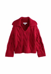 Pull rouge en maille avec un profond col en V, un large col et un motif torsadé. Manches longues et bas côtelé complètent le design.