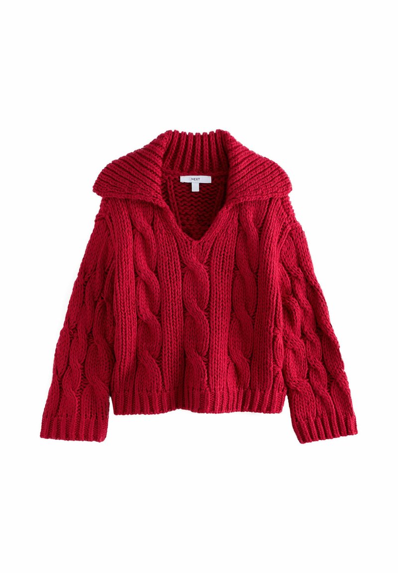 Pull rouge en maille avec un profond col en V, un large col et un motif torsadé. Manches longues et bas côtelé complètent le design.
