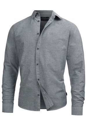 Gray long-sleeve button-up shirt made of soft fabric, featuring a standard collar, a chest pocket, and adjustable cuffs.
