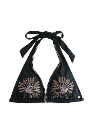 Black halter bikini top with tie neck, decorated with pink and gold beaded palm tree designs on each cup.