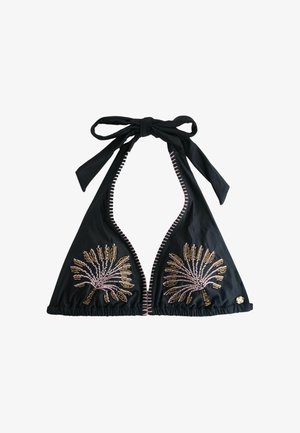 Black halter bikini top with tie neck, decorated with pink and gold beaded palm tree designs on each cup.
