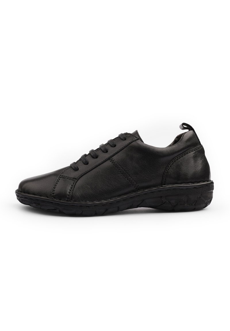 Black leather sneaker with a smooth finish, rounded toe, lace-up design, and rubber sole featuring textured detailing.