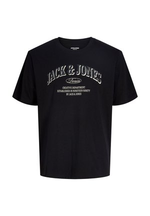 T-shirt noir à manches courtes avec texte blanc "JACK & JONES Denim Creative Department Established in Nineteen Ninety" à l’avant.