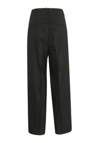 Pantalon formel noir avec jambes droites, poches passepoilées arrière, passants de ceinture et coupe ajustée, vu de dos.
