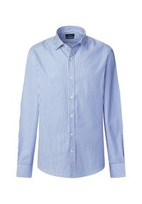 Camicia a maniche lunghe con bottoni, caratterizzata da strisce verticali blu e bianche, colletto classico e orlo arrotondato. Tessuto in cotone liscio.