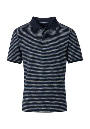 Marineblaues Poloshirt mit horizontalen Streifen in Creme und Hellblau. Kurze Ärmel, Kragen und Design mit Drei-Knopf-Leiste.