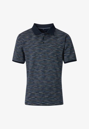 Marineblaues Poloshirt mit horizontalen Streifen in Creme und Hellblau. Kurze Ärmel, Kragen und Design mit Drei-Knopf-Leiste.