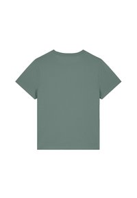 T-shirt en coton de couleur verte douce, à manches courtes, design avec col rond, texture lisse, avec un dos simple et sans embellissement.