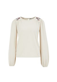 Blusa crema a maniche lunghe in tessuto textured, scollatura rotonda e ricami floreali sulle spalle; dettaglio a chiave sul retro.