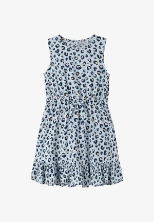 Robe sans manches bleu clair avec imprimé léopard multicolore, taille élastique avec lien et ourlet à volants.