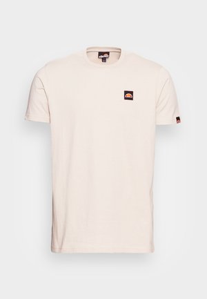 Short-sleeve beige t-shirt made of cotton, featuring a small black and red logo patch on the left chest and logo accents on the sleeves.