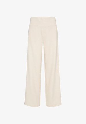 Pantalones de pierna ancha en una suave tela color crema. Presenta una cinturilla alta y lisa con líneas limpias, sin adornos ni bolsillos visibles.