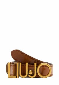 Cintura in pelle marrone con fibbia in metallo color oro con la scritta "LIU-JO". Dettagli cuciti lungo i bordi che migliorano il design.