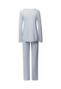 Ljust blå, långärmad topp och matchande byxor i mjukt material, med rundad halsringning och lös passform.