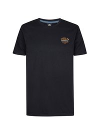 Black cotton t-shirt with short sleeves, round neckline, and orange graphic text logo on the upper left chest area. Smooth texture.