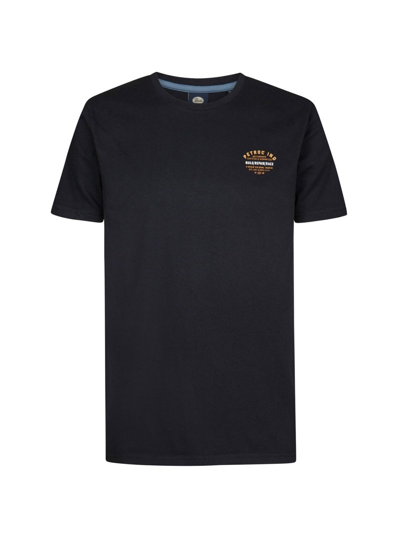 Black cotton t-shirt with short sleeves, round neckline, and orange graphic text logo on the upper left chest area. Smooth texture.