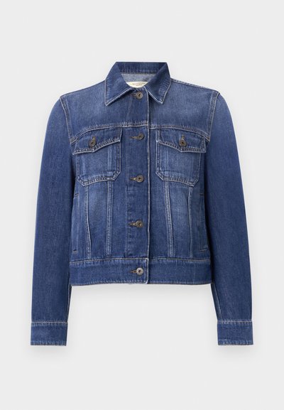 Denim jacket in dark blue, featuring a classic collar, front button closure, and two chest pockets with flap and button detail.