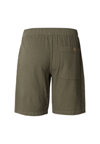 Shorts en coton vert olive avec une taille élastique, coupe droite et une poche arrière unique avec un détail bouton.