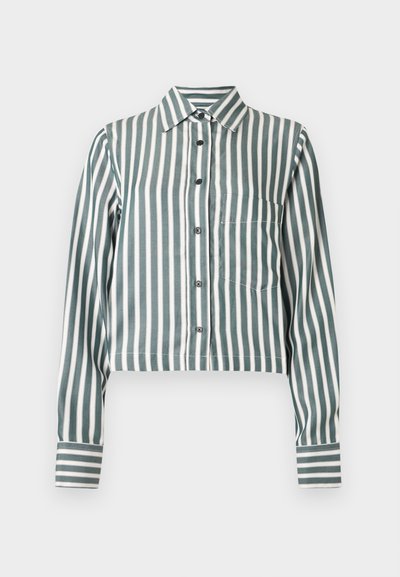 Πουκάμισο με μακριά μανίκια και κουμπιά, με κάθετες πράσινες και λευκές ρίγες, μπροστινή τσέπη στο αριστερό μέρος και μυτερό γιακά.