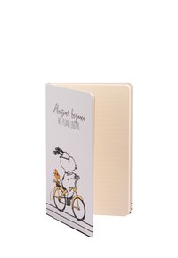 Un block notes con una copertina liscia e bianca che presenta un personaggio dei cartoni animati su una bicicletta gialla. Le pagine interne sono a righe e di colore crema.