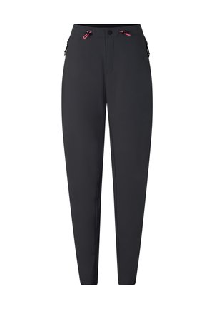 Czarne zwężane spodnie z zapięciem na guzik i zamek, wyposażone w dwa różowe sznurki przy talii i kieszeniach bocznych.