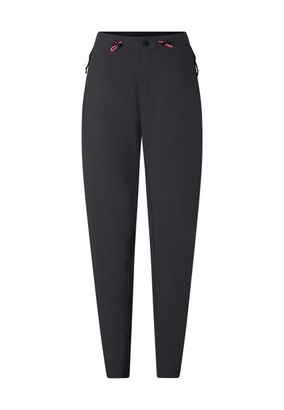 Černé zúžené kalhoty s knoflíkem a zipem, s dvěma růžovými šňůrkami na stažení v pase a postranními kapsami.