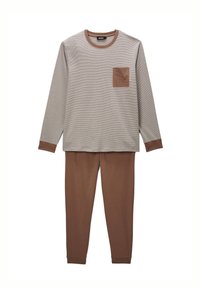 T-shirt à manches longues rayé en gris clair avec des accents marron et une poche poitrine ; associé à un pantalon marron uni. Tissu doux, coupe décontractée.