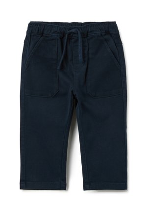 Pantalones jogger azul marino hechos de algodón suave, con pretina elástica, cordón y dos bolsillos frontales.