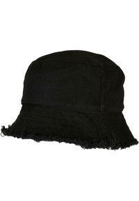Sort kordfløjl bucket hat med en frynset skygge og en struktureret topsektion. Tekstureret stof og afslappet design, der passer til forskellige stilarter.