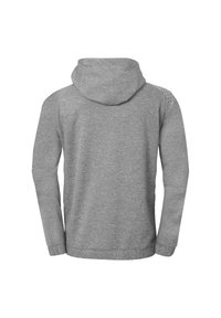 Grijze hoodie met lange mouwen. Soepele stof, elastische boorden en een klein patroon op één schouder.