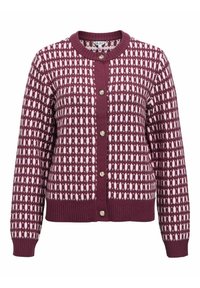 Burgundy kofta med ett strukturerat mönster av rosa och vita rektanglar, med rund halsringning och fem knappknappar i guldton.