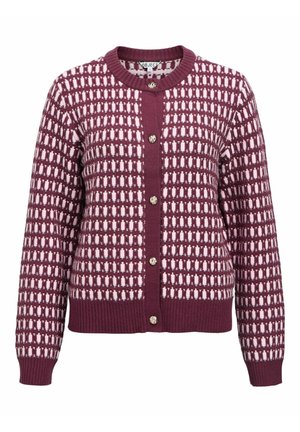 Burgundijas kardigāns ar teksturētu rozā un baltu taisnstūru rakstu, ar apaļu kakla izgriezumu un piecām zelta tonī pogām.