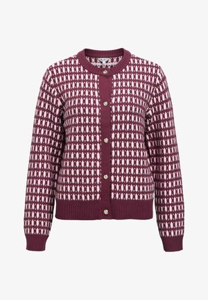 Bordeaux cardigans met een textuurpatroon van roze en witte rechthoeken, met een ronde halslijn en vijf knopen in goudkleur.