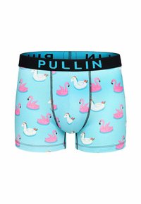 Boxers bleu clair avec un motif de flamants roses et de cygnes blancs, dotés d'une taille noire portant l'inscription "PULLIN" en bleu.