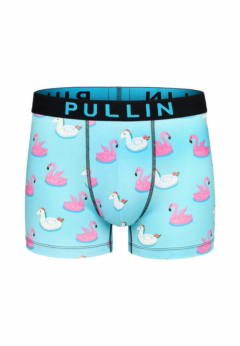 Boxers bleu clair avec un motif de flamants roses et de cygnes blancs, dotés d'une taille noire portant l'inscription "PULLIN" en bleu.