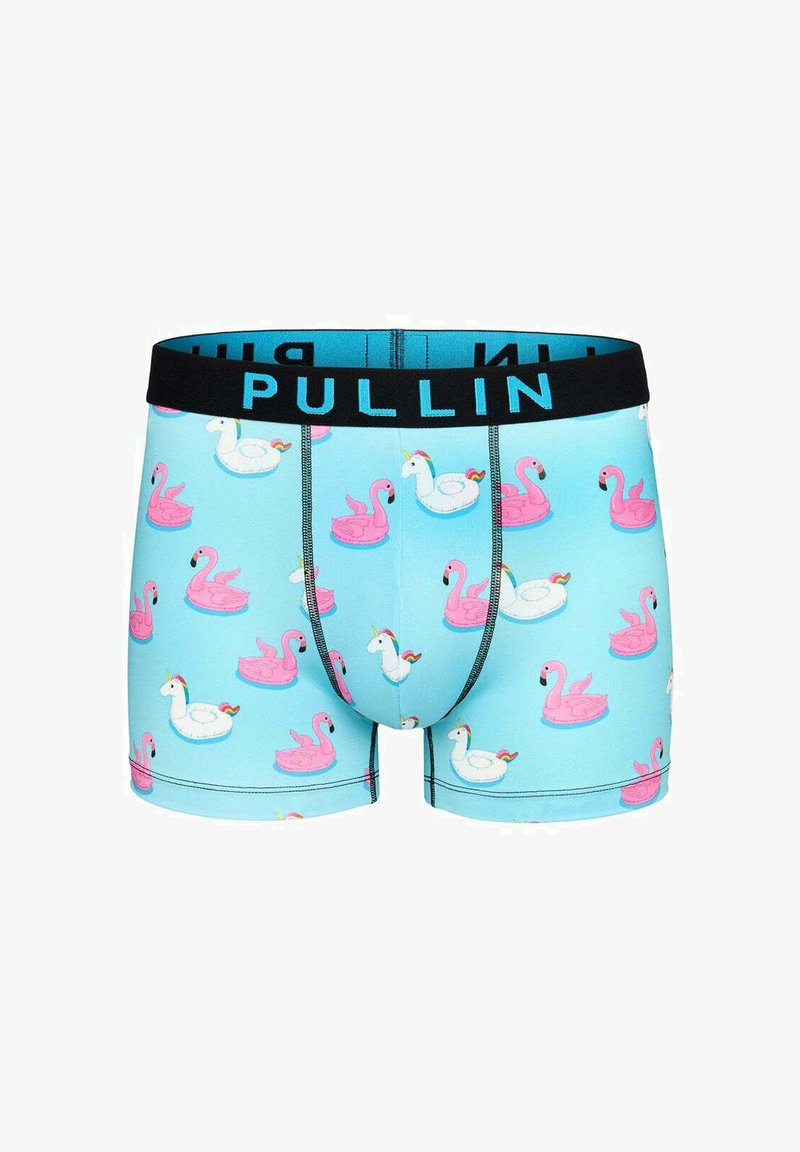 Boxers bleu clair avec un motif de flamants roses et de cygnes blancs, dotés d'une taille noire portant l'inscription "PULLIN" en bleu.