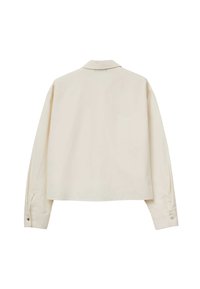 Kremowa koszula z długim rękawem, klasycznym kołnierzykiem, mankietami na guziki oraz prostym dołem, pokazana od tyłu na białym tle.