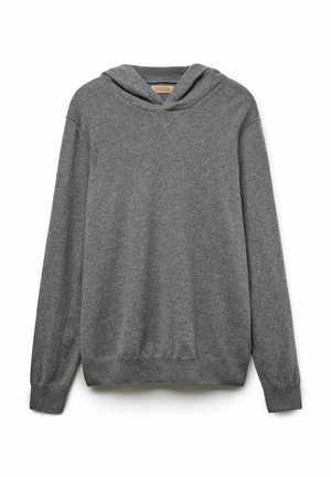 Szary kaptur wykonany z miękkiego materiału, z dekoltem w serek, długimi rękawami oraz ściągaczami przy mankietach i u dołu. Posiada zaokrąglony kaptur.