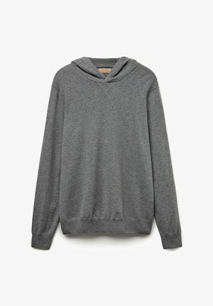 Szary kaptur wykonany z miękkiego materiału, z dekoltem w serek, długimi rękawami oraz ściągaczami przy mankietach i u dołu. Posiada zaokrąglony kaptur.