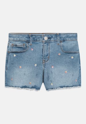 Blauwe denimshorts met rafelige zomen en kleine, meerkleurige geborduurde bloemen verspreid over de voorzakken en pijpen.