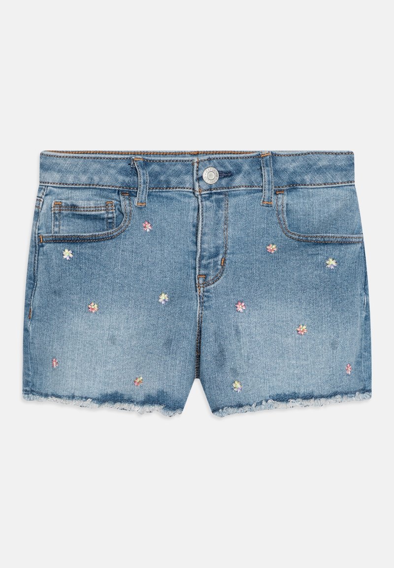 Shorts en jean bleu avec ourlets effilochés et petites fleurs brodées multicolores dispersées sur les poches avant et les jambes.