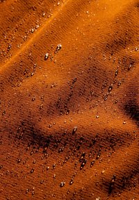 Gros plan d’un tissu orange avec une texture visible et des gouttelettes d’eau dispersées sur sa surface.