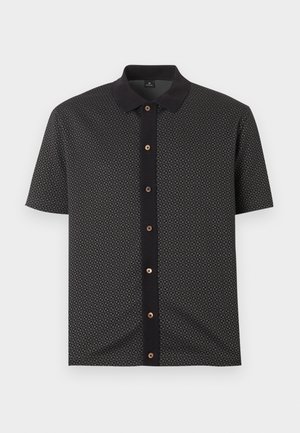 Short-sleeve dark gray button-up shirt with subtle geometric pattern and solid black collar and placket.